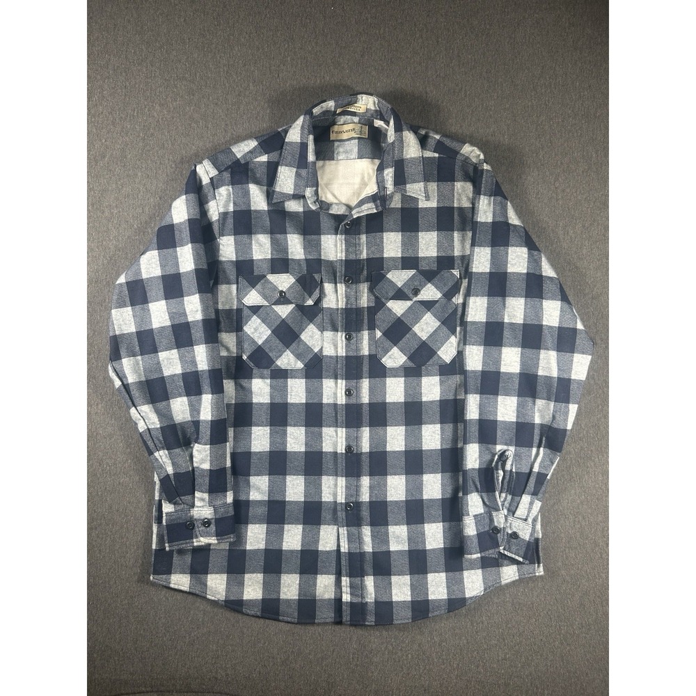 Vintage Fieldmaster Perma-Prest Blue and White Buffalo Plaid Flannel L USA MADE